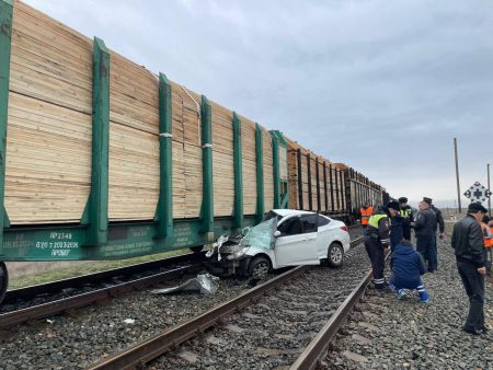 Под Астраханью грузовой поезд протаранил автомобиль